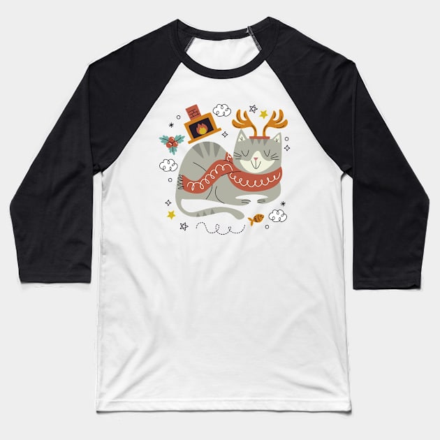 Meowy Christmas Cat Baseball T-Shirt by AvocadoShop